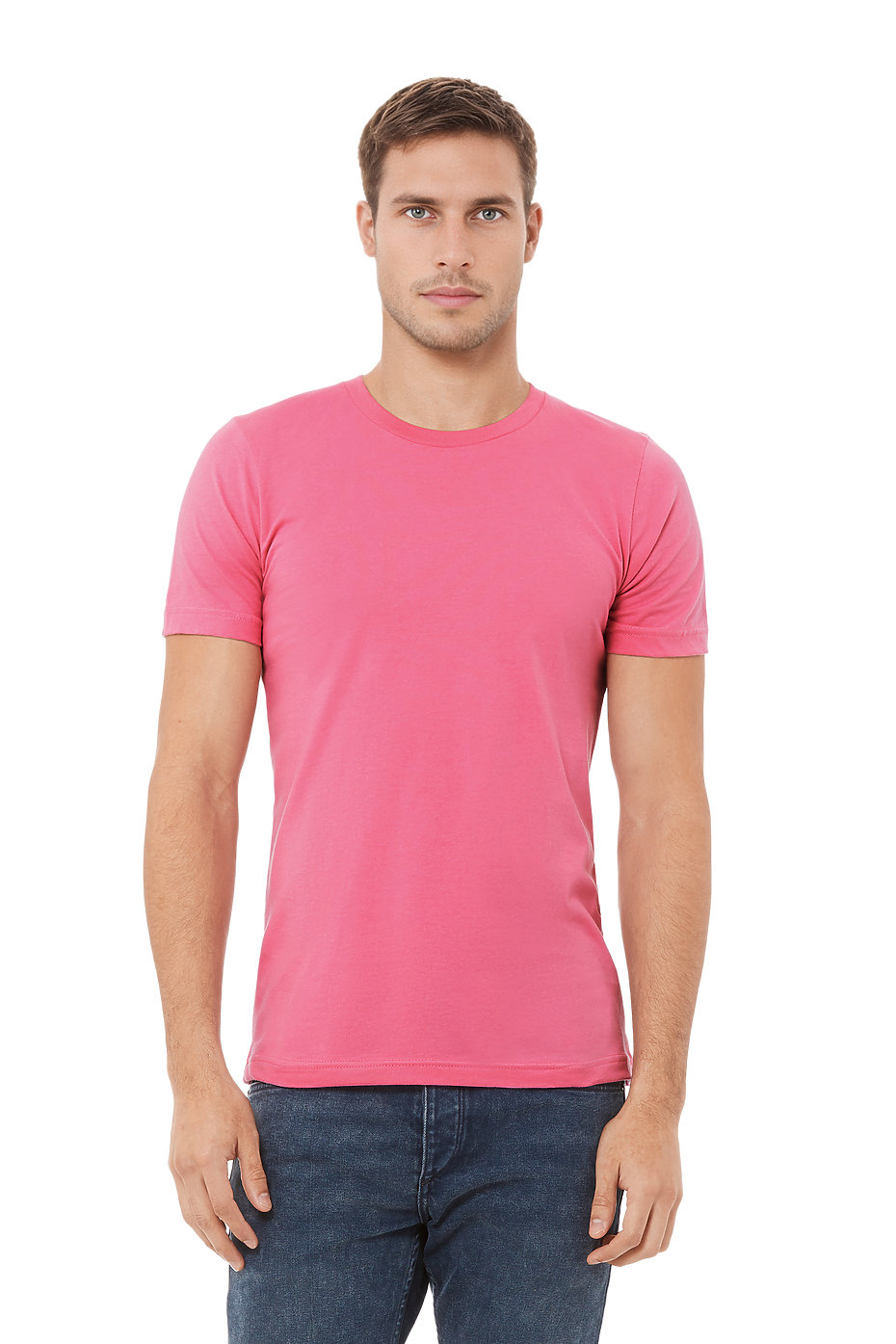 Man in a hot pink t-shirt