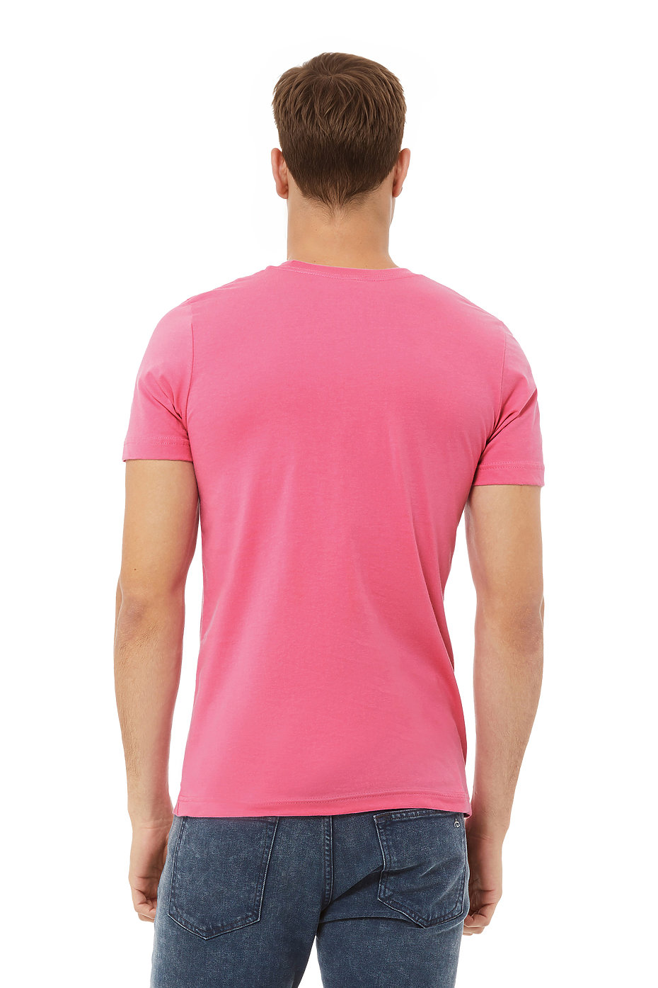 Back photo of man in hot pink t-shirt